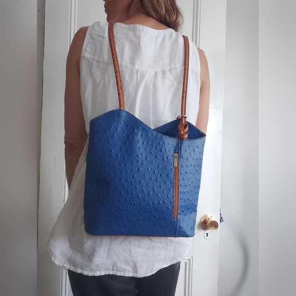 Borse in Pelle Italian Ostrich Leather Tote/Backpack Royal Blue and Tan - Picture 1 of 14